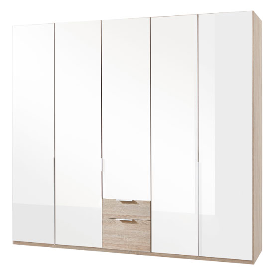 New Zork Wooden 5 Doors Wardrobe In Gloss White And Oak_1