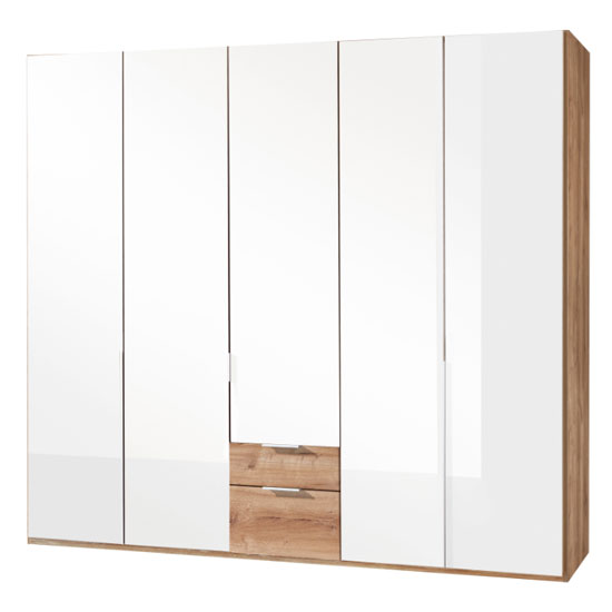 Read more about New zork wooden 5 doors wardrobe in gloss white and planked oak