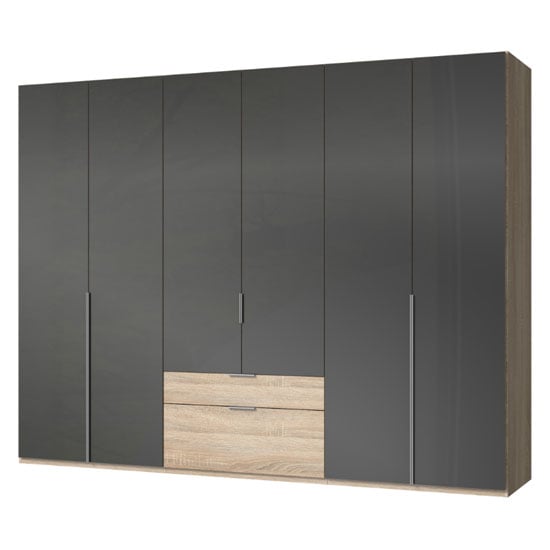New Zork Wooden 6 Doors Wardrobe In Gloss Grey And Oak