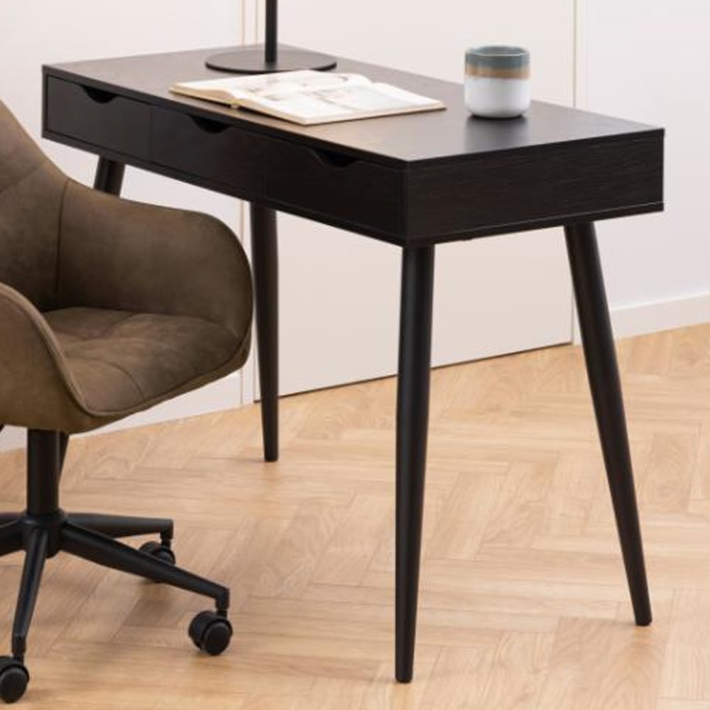 Newark Wooden Laptop Desk With 3 Drawers In Ash Black