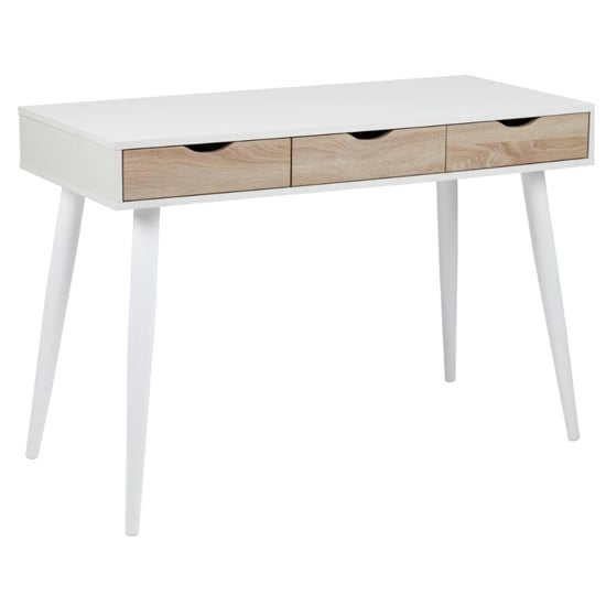 Newark Wooden Laptop Desk With 3 Drawers In White And Oak