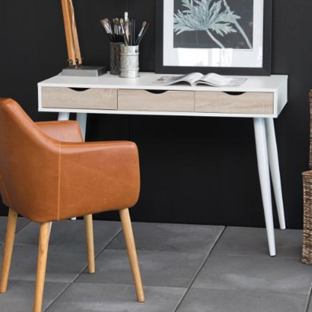 Newark Wooden Laptop Desk With 3 Drawers In White And Sonoma Oak