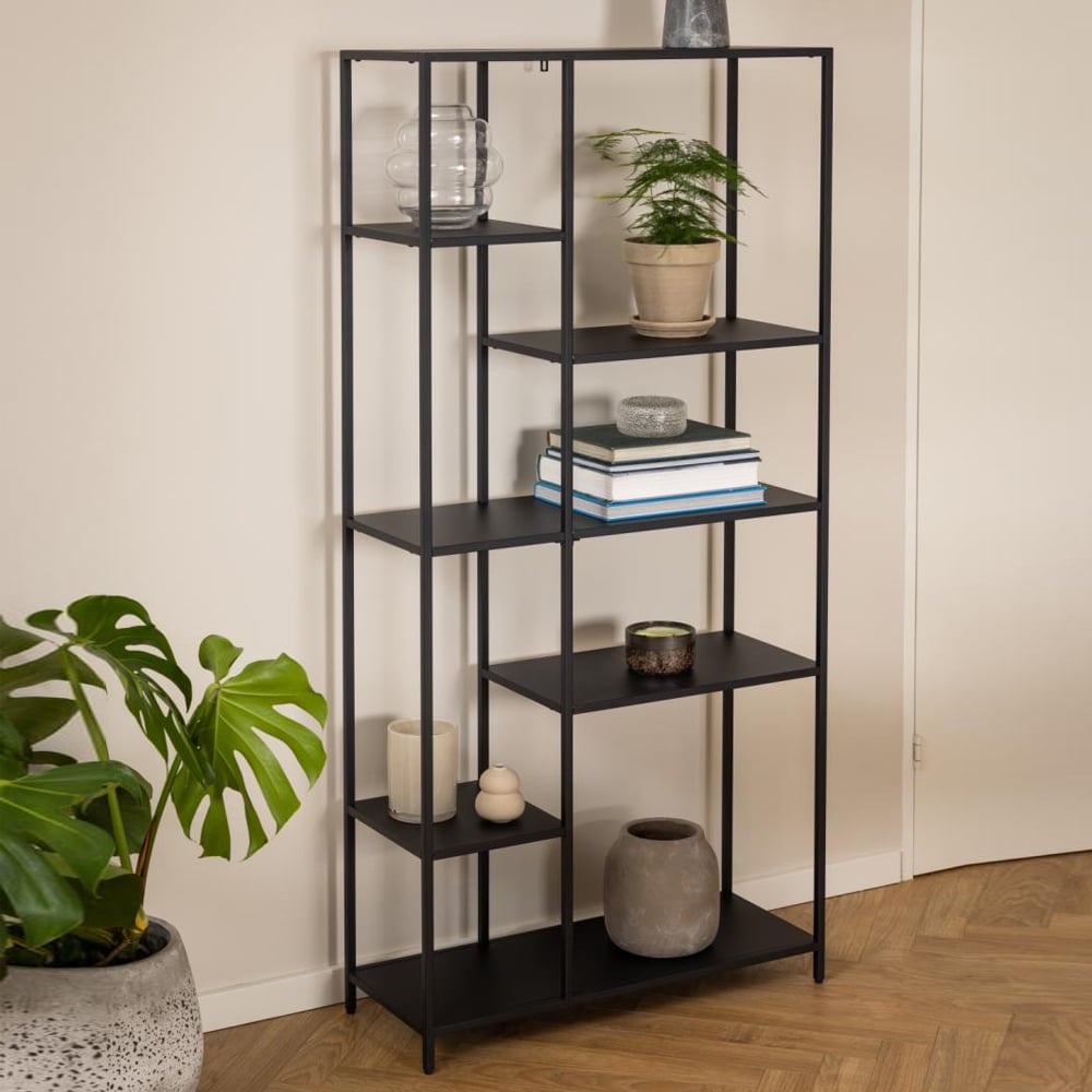 Newberry Metal Bookcase With 6 Shelves In Matt Black