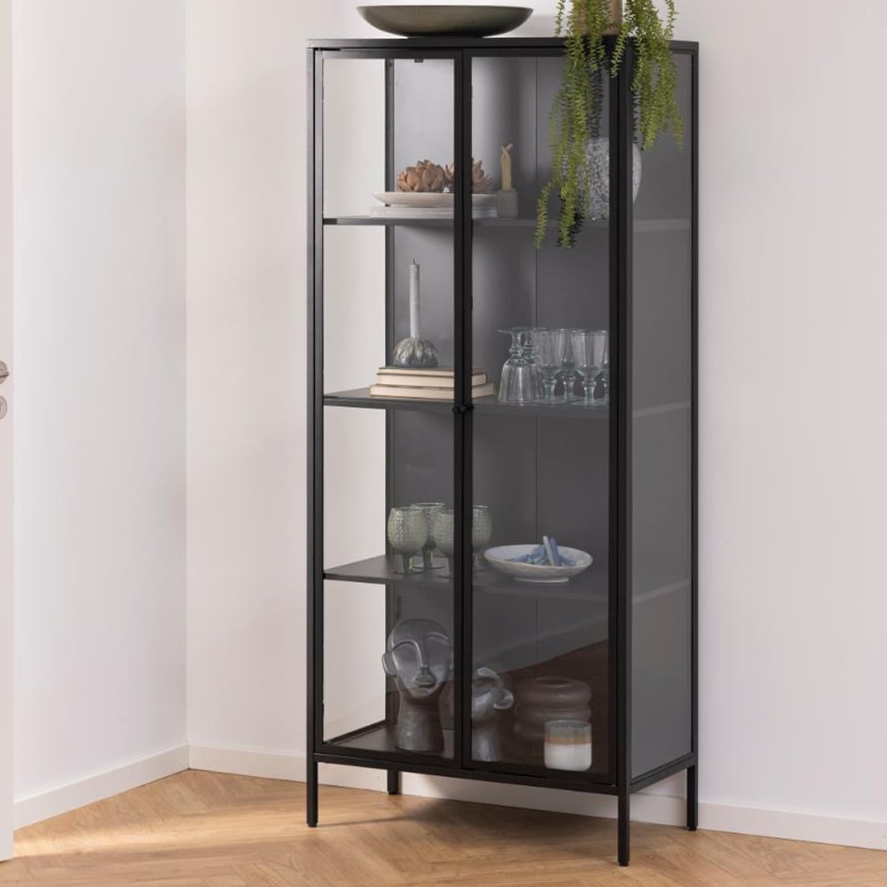 Newberry Tall Metal Display Cabinet With 2 Doors In Matt Black