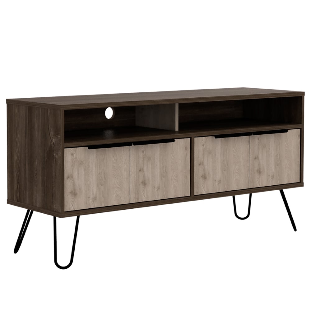 Newcastle Wooden TV Stand With 4 Doors In Brown And Oak
