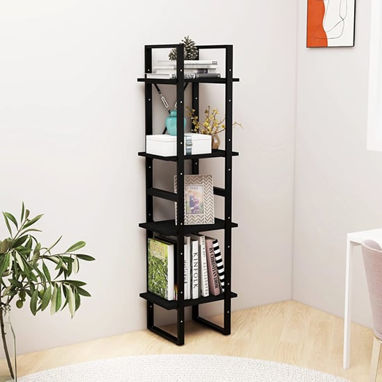 Newell Pine Wood 4-Tier Bookshelf In Black