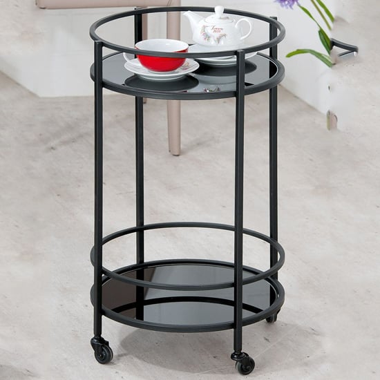 Newkirk Glass Serving Trolley Round With Metal Frame In Black