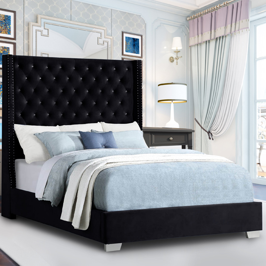 Newkirk Plush Velvet Upholstered Double Bed In Black