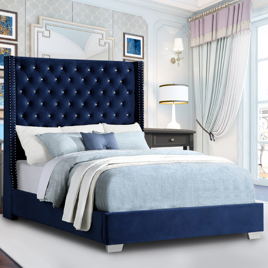 Photo of Newkirk plush velvet upholstered double bed in blue