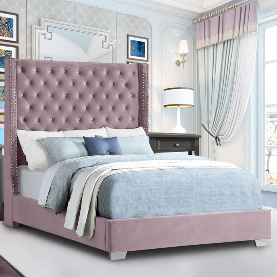 Newkirk Plush Velvet Upholstered Double Bed In Pink