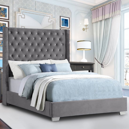 Photo of Newkirk plush velvet upholstered king size bed in steel