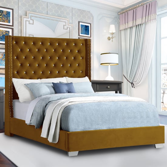Photo of Newkirk plush velvet upholstered small double bed in mustard