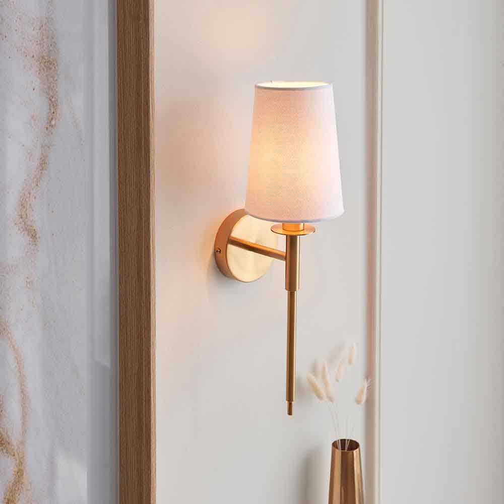 Newkirk Vintage White Fabric Wall Light In Brass