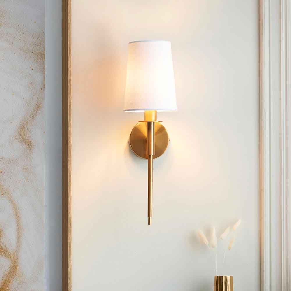 Newkirk Vintage White Fabric Wall Light In Brass