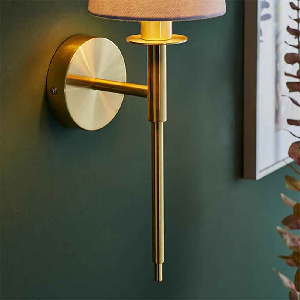 Newkirk Vintage White Fabric Wall Light In Brushed Satin Gold