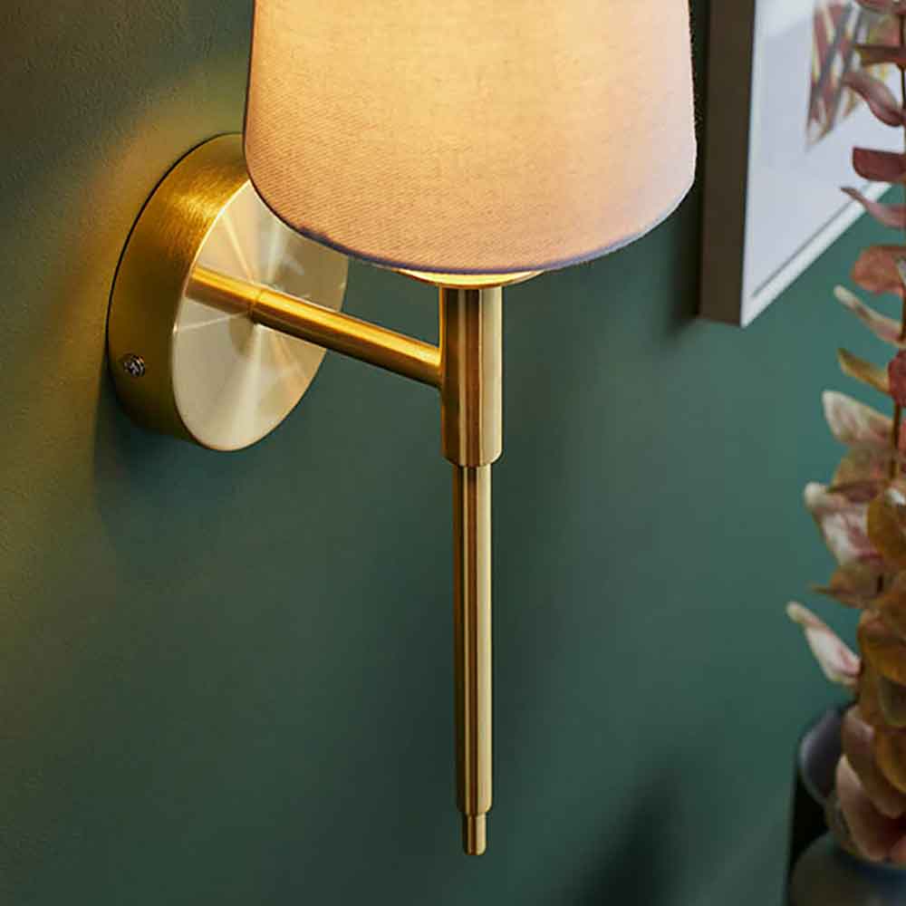 Newkirk Vintage White Fabric Wall Light In Brushed Satin Gold