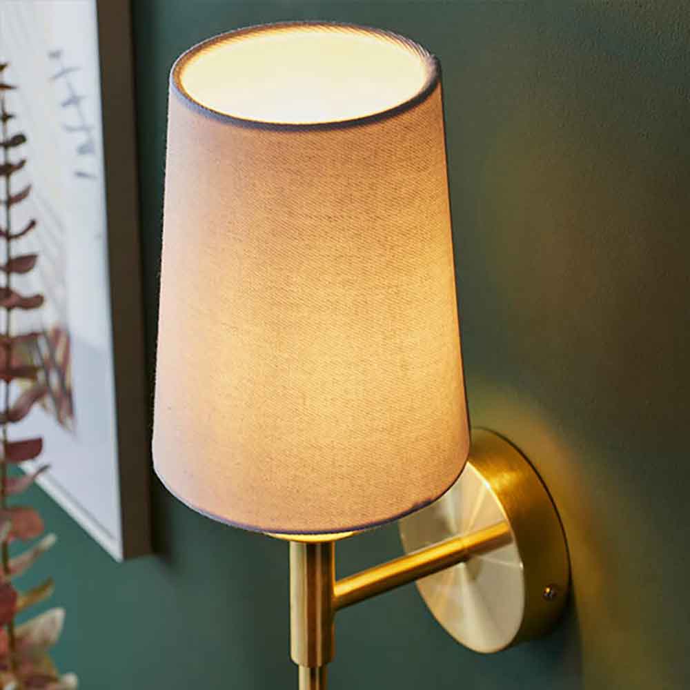 Newkirk Vintage White Fabric Wall Light In Brushed Satin Gold