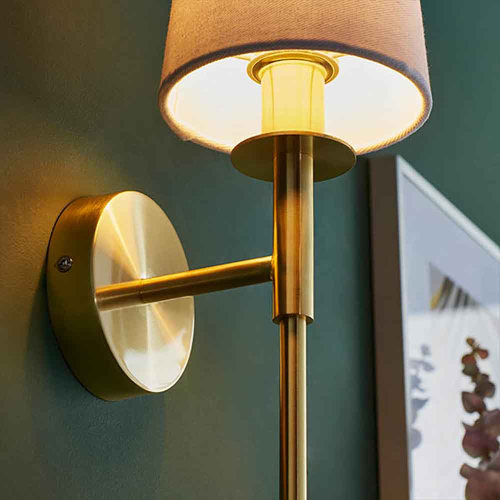 Newkirk Vintage White Fabric Wall Light In Brushed Satin Gold