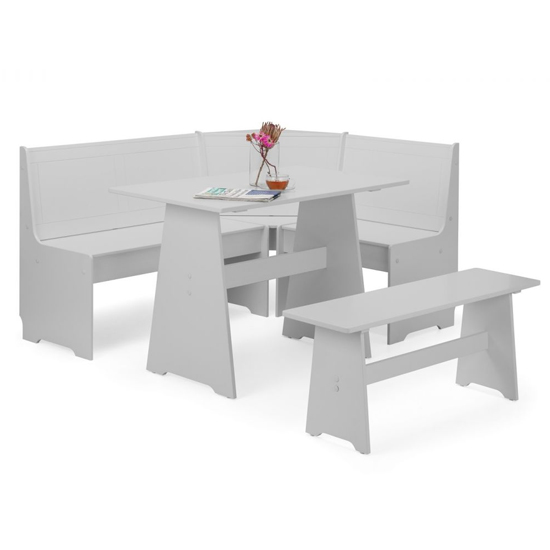 Nadira Corner Wooden Dining Set In Dove Grey With Storage Bench