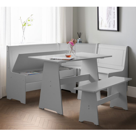 Nadira Corner Wooden Dining Set In Dove Grey With Storage Bench