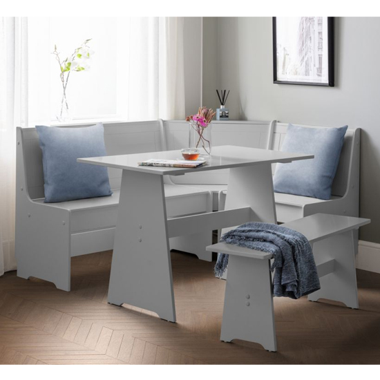 Nadira Corner Wooden Dining Set In Dove Grey With Storage Bench