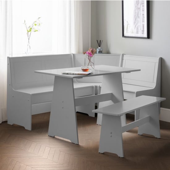 Photo of Nadira corner wooden dining set in dove grey with storage bench