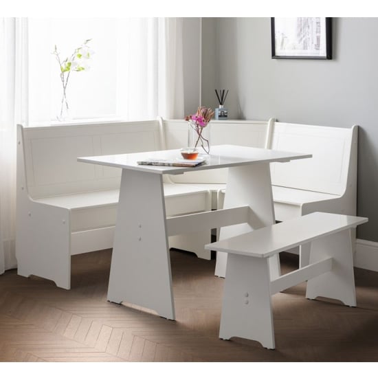 Product photograph of Nadira Corner White Wooden Dining Table With Storage Bench from Furniture in Fashion