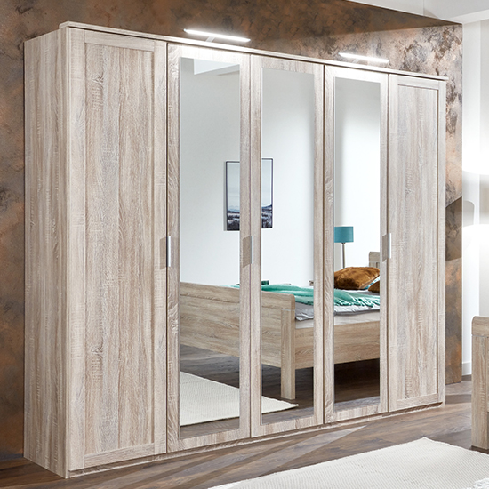 Read more about Newport mirrored wooden wardrobe in oak with 3 mirrors