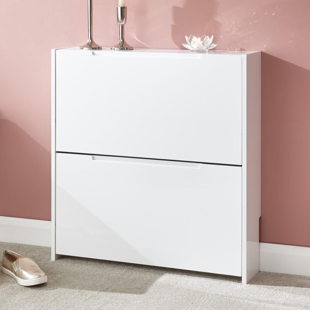 Newquay High Gloss Shoe Cabinet With 2 Flap Doors In White
