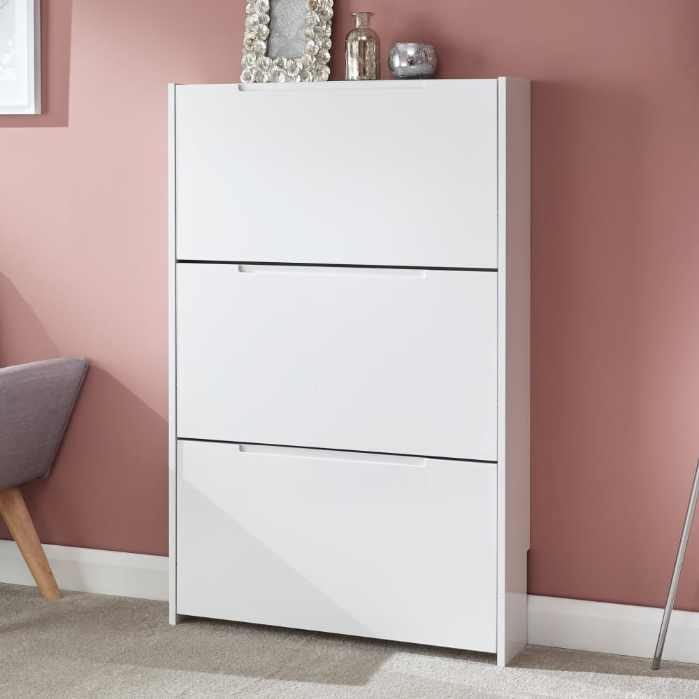 Newquay High Gloss Shoe Cabinet With 3 Flap Doors In White