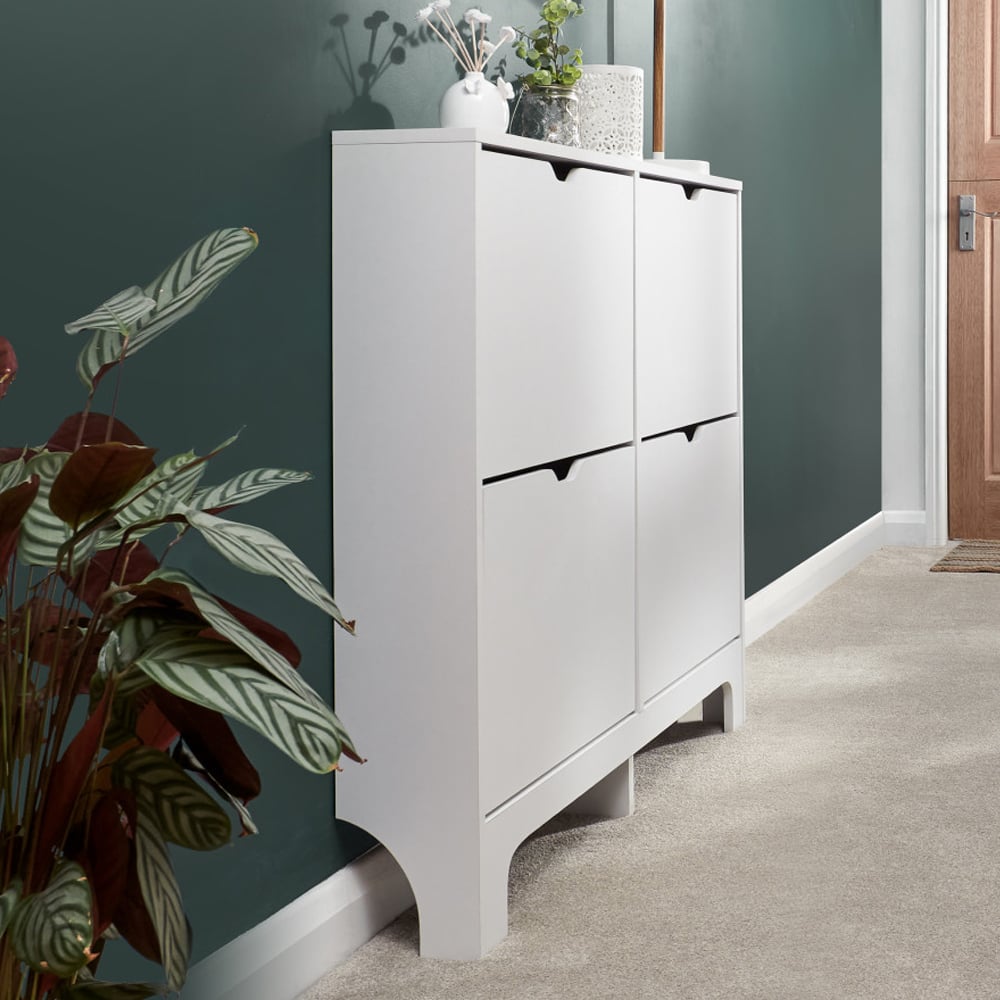 Newquay Wooden Shoe Cabinet With 4 Flap Doors In White