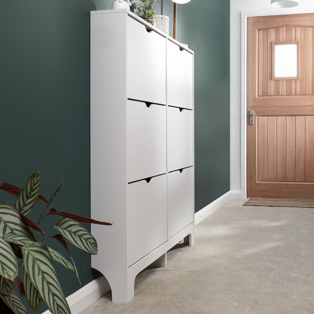 Newquay Wooden Shoe Cabinet With 6 Flap Doors In White