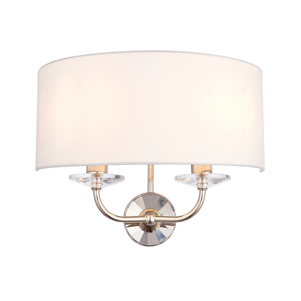 Newton 2 Light Vintage White Fabric Wall Light In Bright Nickel