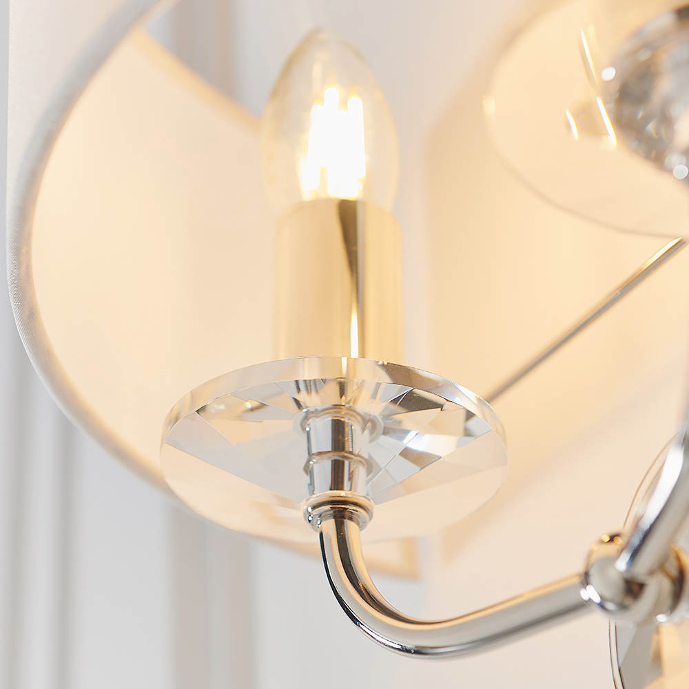 Newton 2 Light Vintage White Fabric Wall Light In Bright Nickel