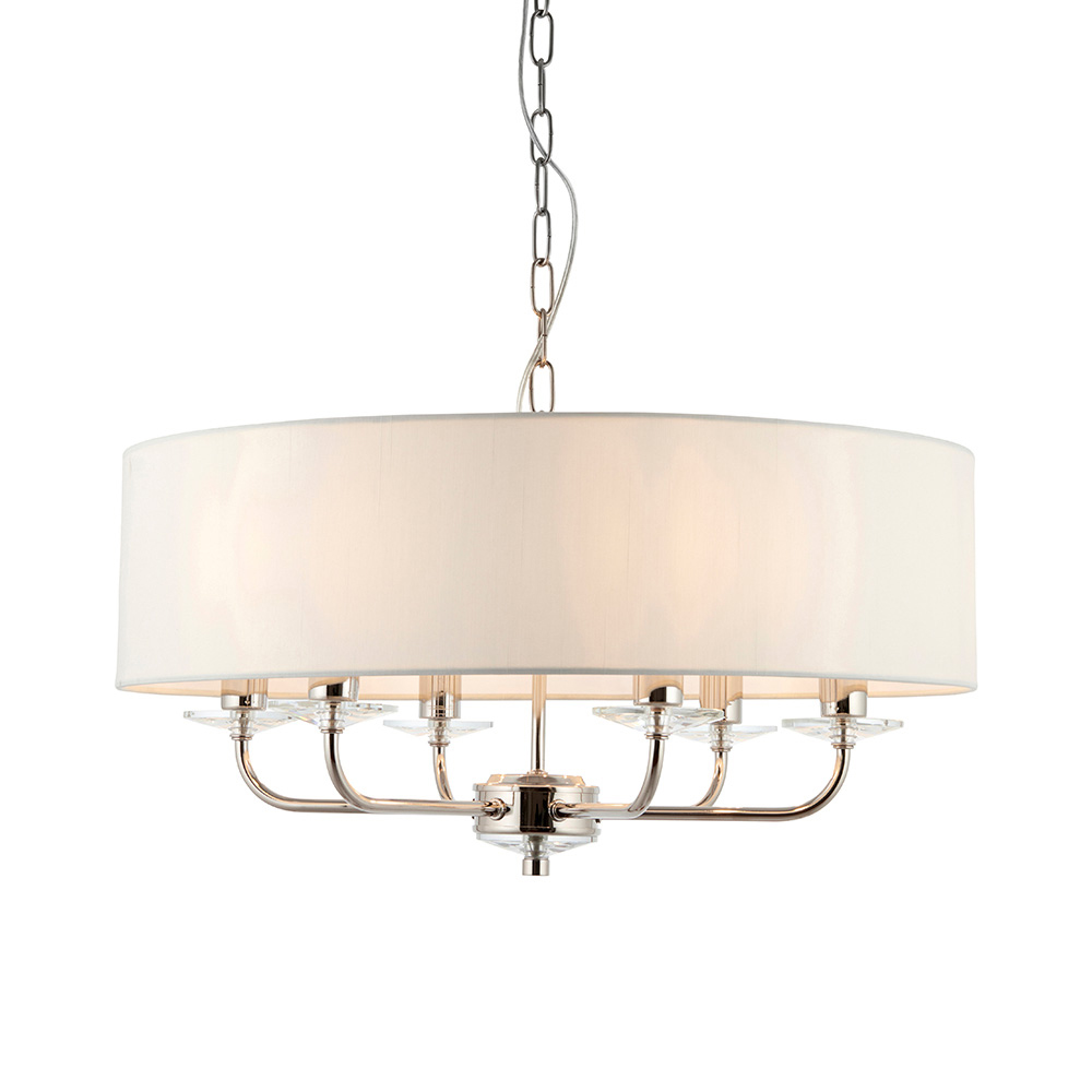 Newton 6 Light White Fabric Ceiling Light In Bright Nickel