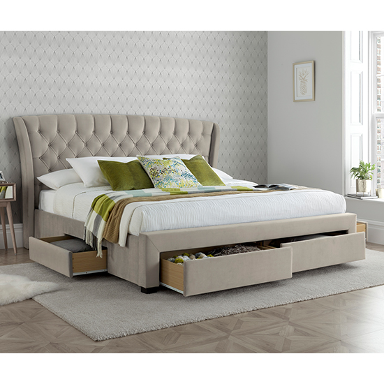 Newton Velvet 4 Drawers Storage Double Bed In Warm Stone
