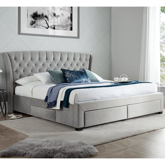 Product photograph of Newton Velvet 4 Drawers Storage King Size Bed In Grey from Furniture in Fashion