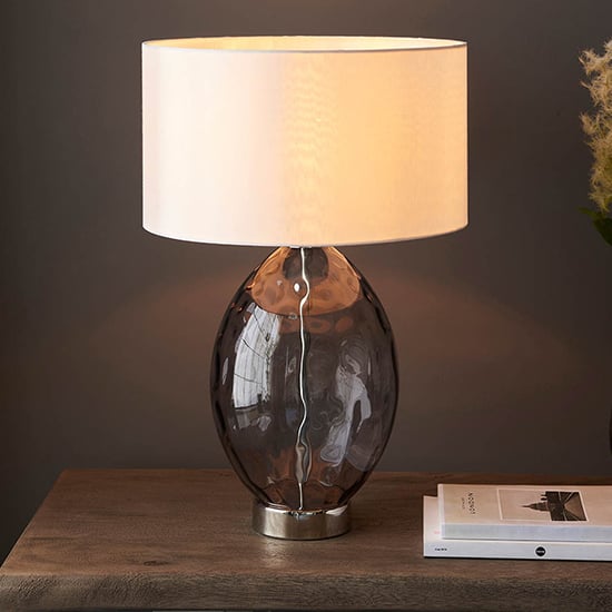Photo of Newton white drum shade touch table lamp with tinted glass base