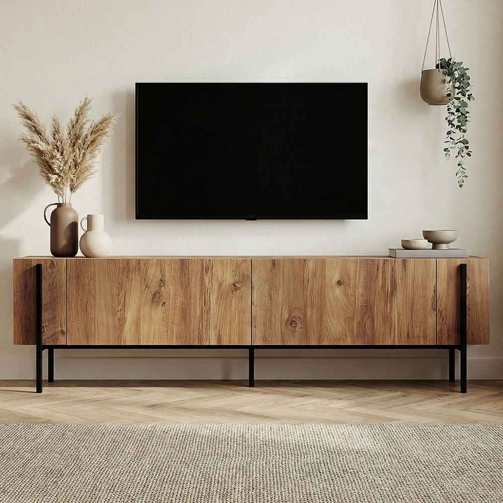 Nexio Wooden TV Stand with Metal Legs in Atlantic Pine and Black
