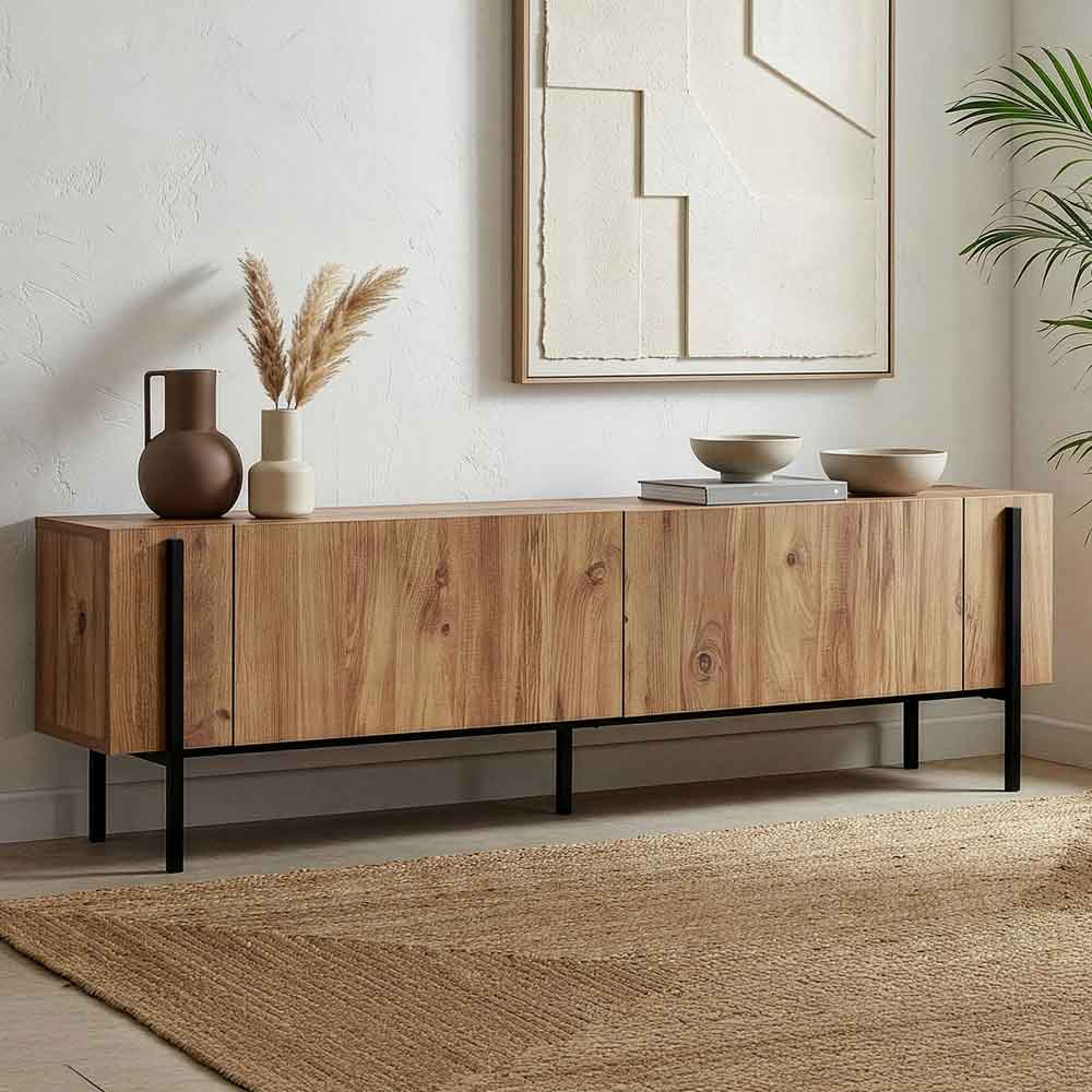 Nexio Wooden TV Stand with Metal Legs in Atlantic Pine and Black