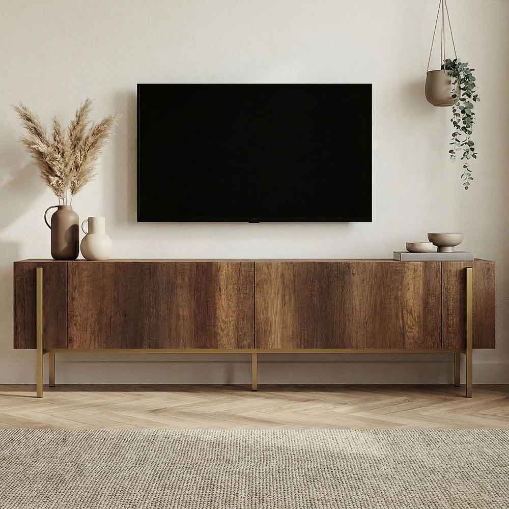 Nexio Wooden TV Stand with Metal Legs in Barok Walnut and Gold