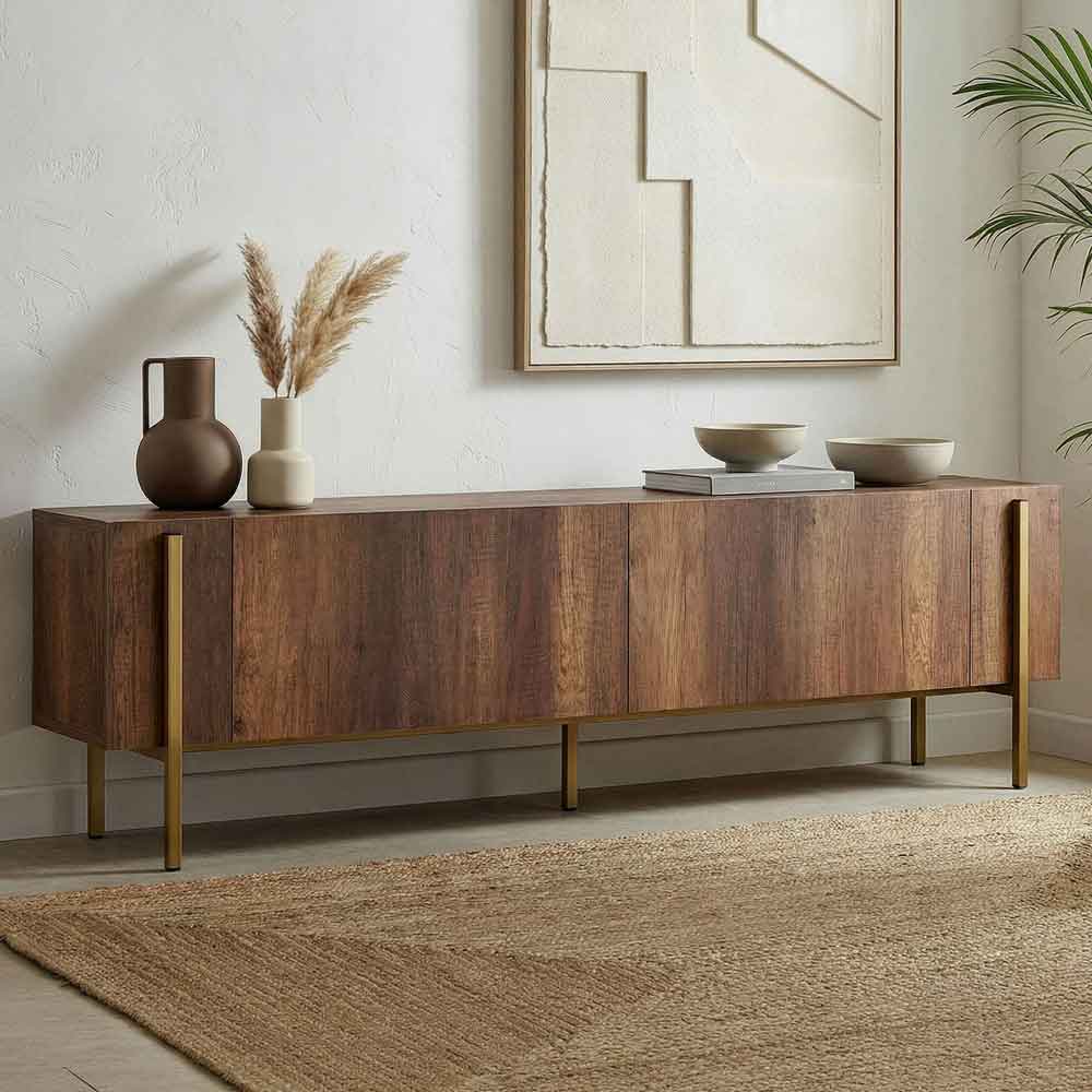 Nexio Wooden TV Stand with Metal Legs in Barok Walnut and Gold