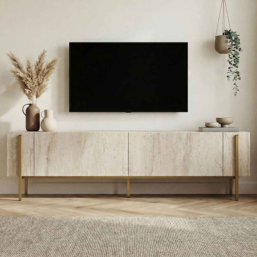 Nexio Wooden TV Stand with Metal Legs in Travertine Marble Effect and Gold