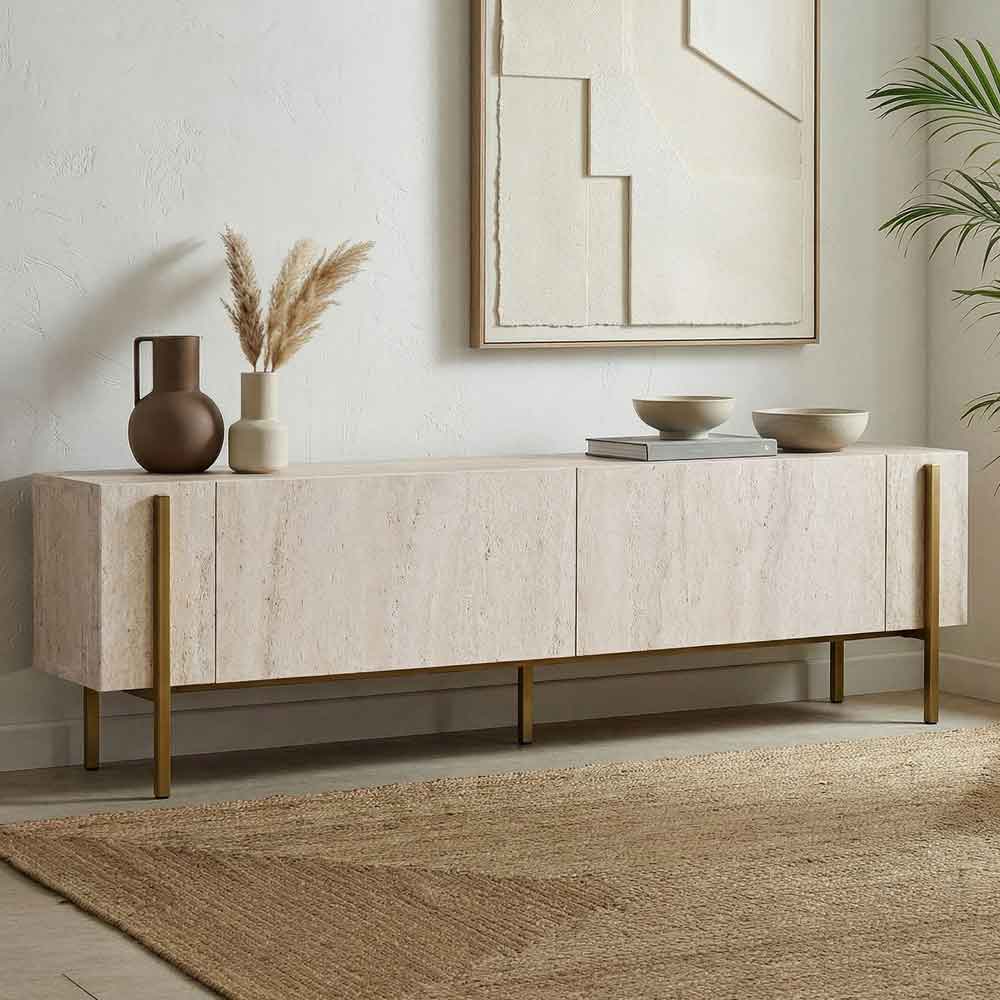 Nexio Wooden TV Stand with Metal Legs in Travertine Marble Effect and Gold