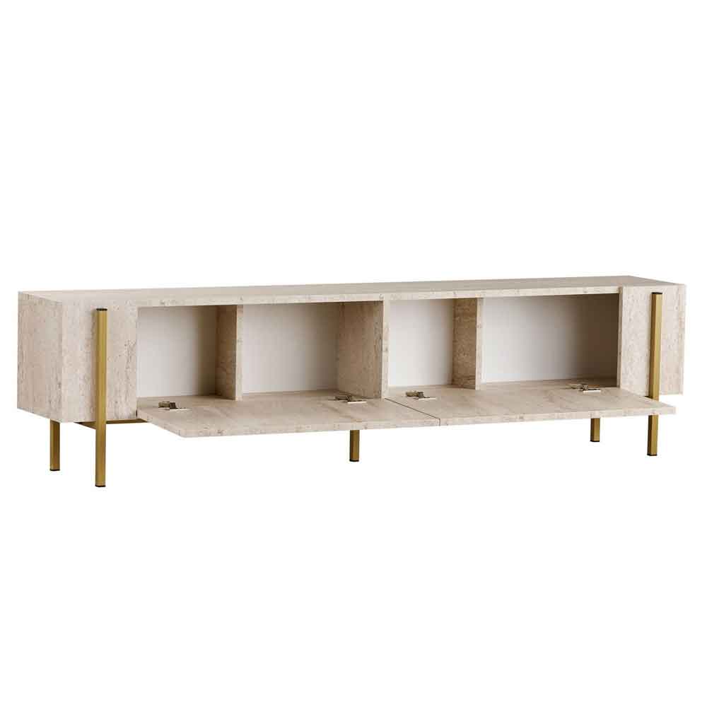Nexio Wooden TV Stand with Metal Legs in Travertine Marble Effect and Gold