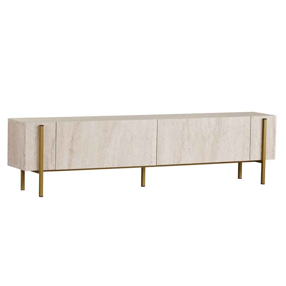 Nexio Wooden TV Stand with Metal Legs in Travertine Marble Effect and Gold