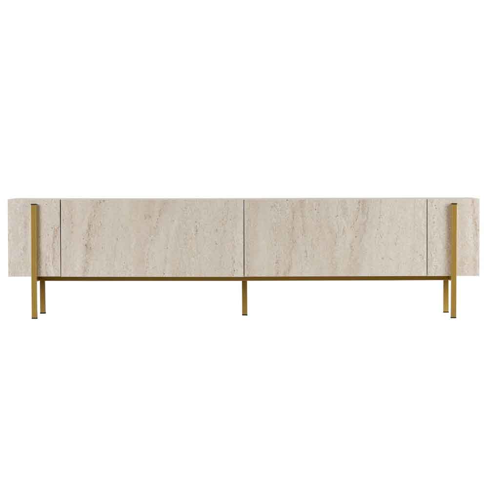 Nexio Wooden TV Stand with Metal Legs in Travertine Marble Effect and Gold