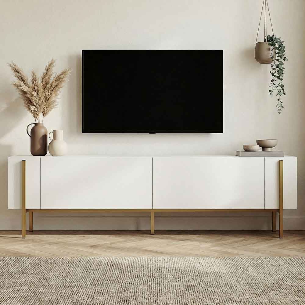 Nexio Wooden TV Stand with Metal Legs in White and Gold