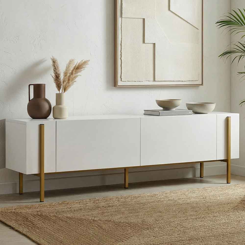 Nexio Wooden TV Stand with Metal Legs in White and Gold