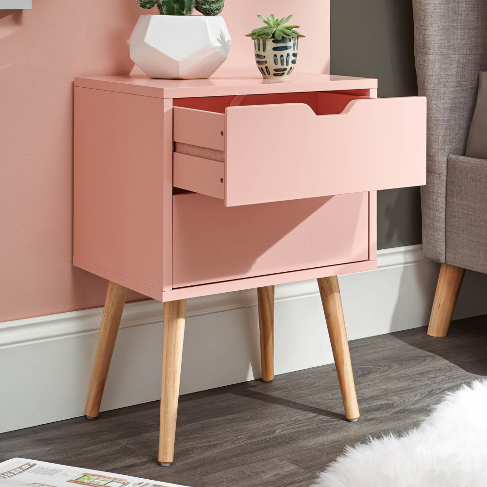 Niceville Wooden Bedside Cabinet With 2 Drawers In Coral Pink
